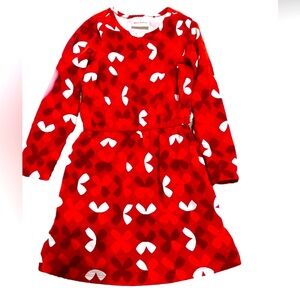 Hanna Andersson red orange white  cinched waist tie dress long sleeve